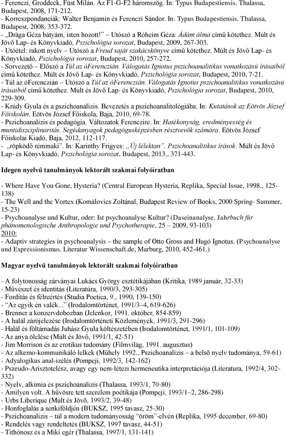 - Utóétel: rakott nyelv Utószó a Freud saját szakácskönyve című kötethez. Múlt és Jövő Lap- és Könyvkiadó, Pszichológia sorozat, Budapest, 2010, 257-272. - Sorvezető Előszó a Túl az óferenczián.