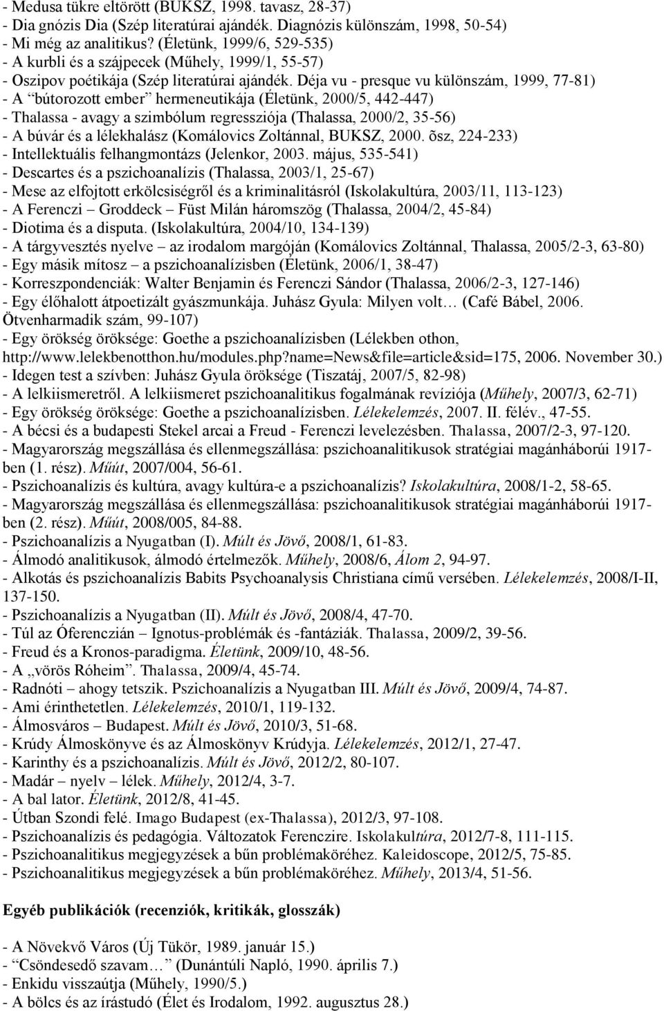 Déja vu - presque vu különszám, 1999, 77-81) - A bútorozott ember hermeneutikája (Életünk, 2000/5, 442-447) - Thalassa - avagy a szimbólum regressziója (Thalassa, 2000/2, 35-56) - A búvár és a