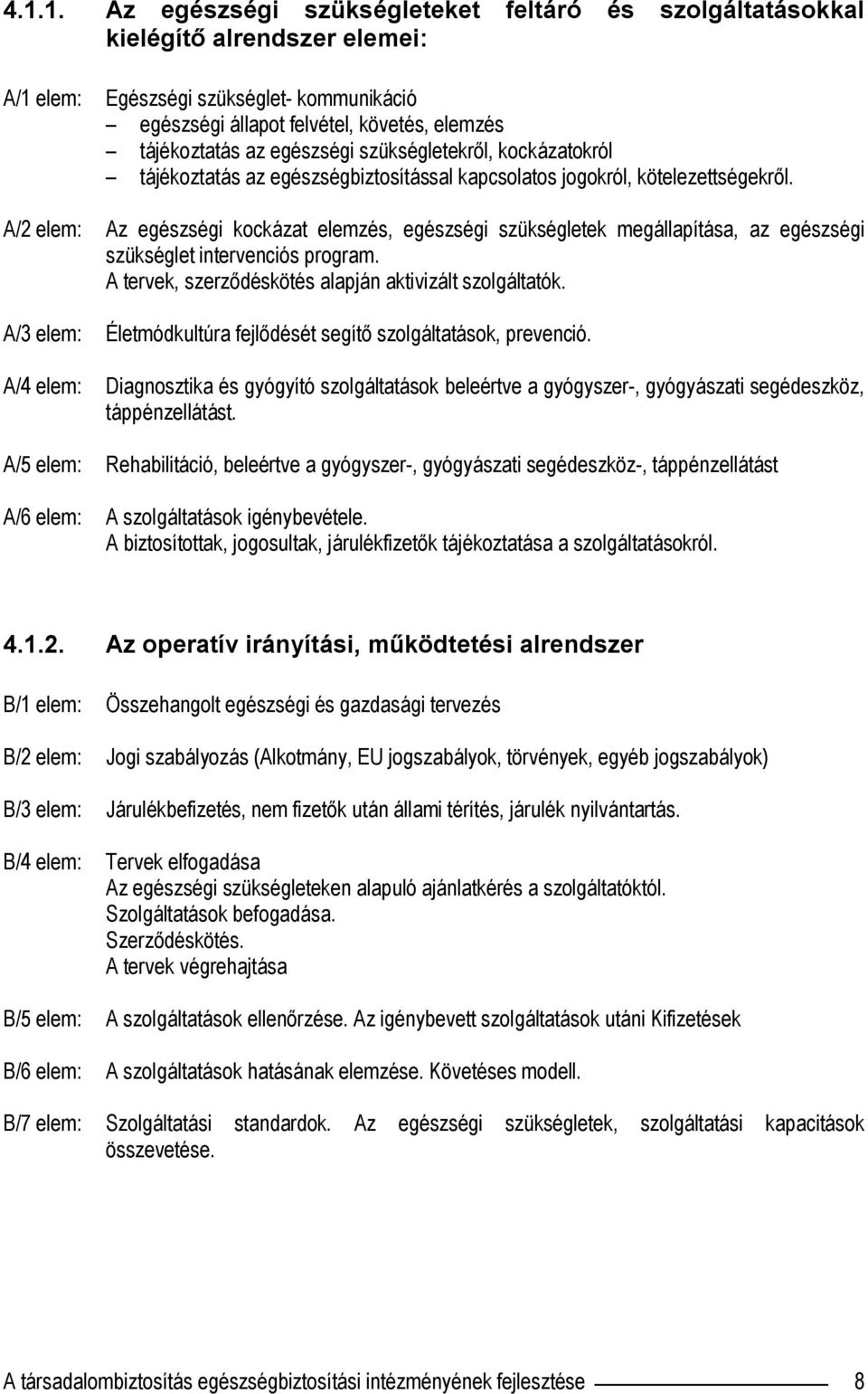 A/2 elem: Az egészségi kockázat elemzés, egészségi szükségletek megállapítása, az egészségi szükséglet intervenciós program. A tervek, szerződéskötés alapján aktivizált szolgáltatók.