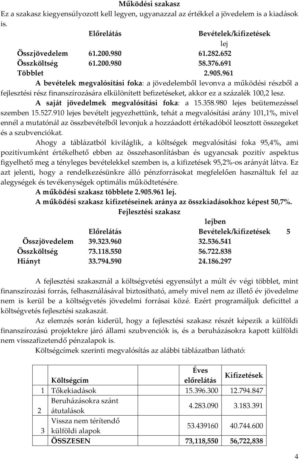 961 A bevételek megvalósítási foka: a jövedelemből levonva a működési részből a fejlesztési rész finanszírozására elkülönített befizetéseket, akkor ez a százalék 100,2 lesz.