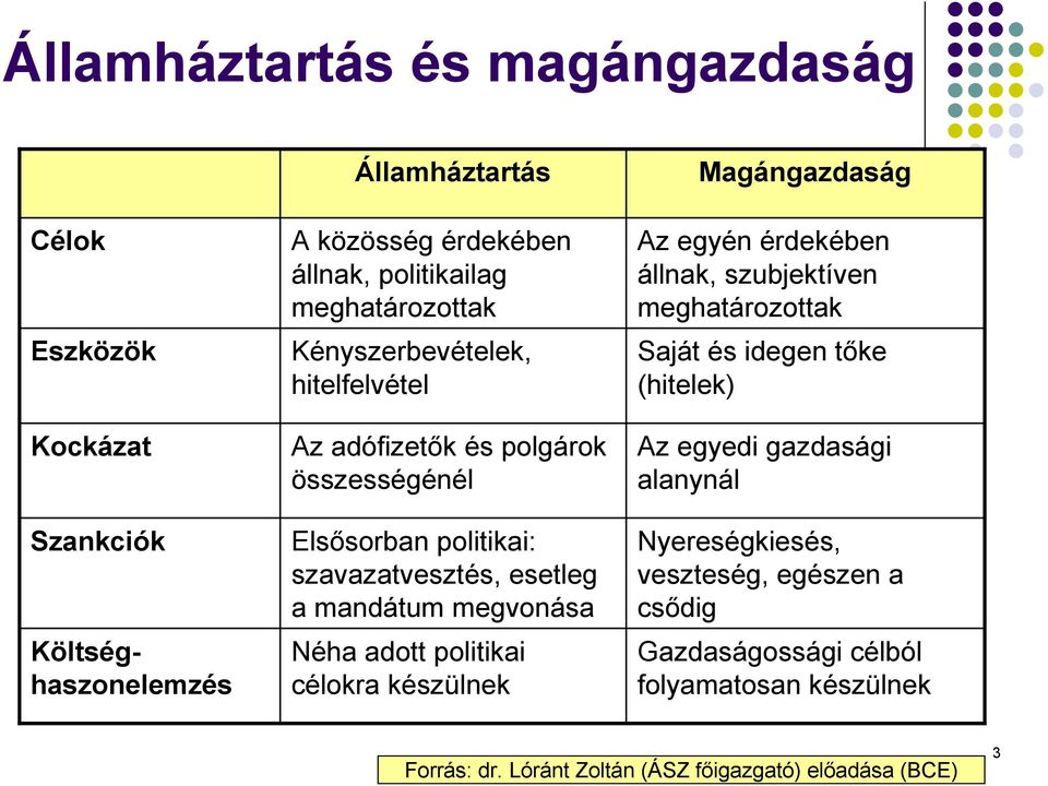 megvonása Néha adott politikai célokra készülnek Magángazdaság Az egyén érdekében állnak, szubjektíven meghatározottak Saját és idegen tıke (hitelek) Az