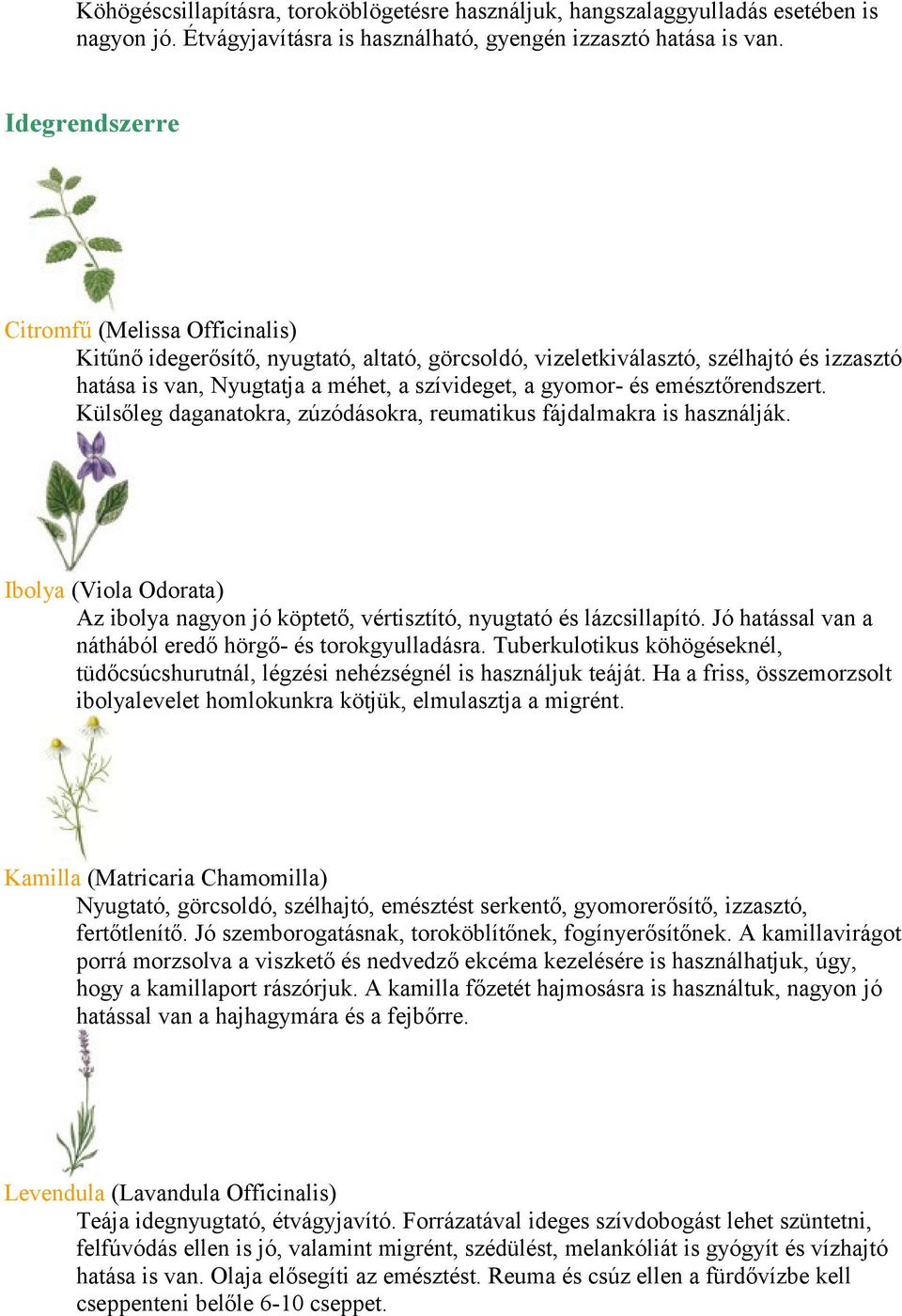 emésztőrendszert. Külsőleg daganatokra, zúzódásokra, reumatikus fájdalmakra is használják. Ibolya (Viola Odorata) Az ibolya nagyon jó köptető, vértisztító, nyugtató és lázcsillapító.