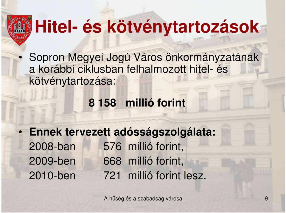 forint Ennek tervezett adósságszolgálata: 2008-ban 576 millió forint,