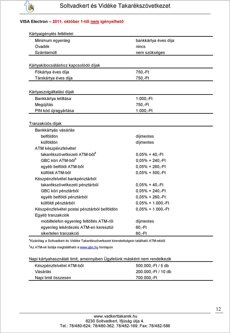 éves díja 750,-Ft 750,-Ft Kártyaszolgáltatási díjak Bankkártya letiltása Megújítás PIN kód újragyártása 750,-Ft Tranzakciós díjak Bankkártyás vásárlás belföldön külföldön ATM készpénzfelvétel