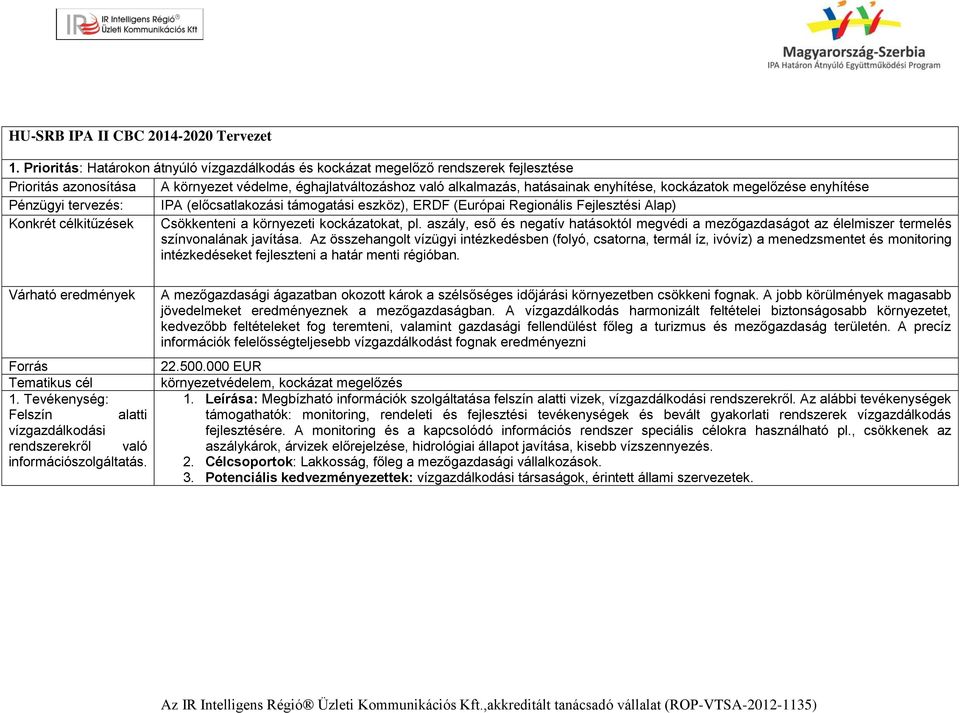 kockázatok megelőzése enyhítése Pénzügyi tervezés: IPA (előcsatlakozási támogatási eszköz), ERDF (Európai Regionális Fejlesztési Alap) Konkrét célkitűzések Csökkenteni a környezeti kockázatokat, pl.