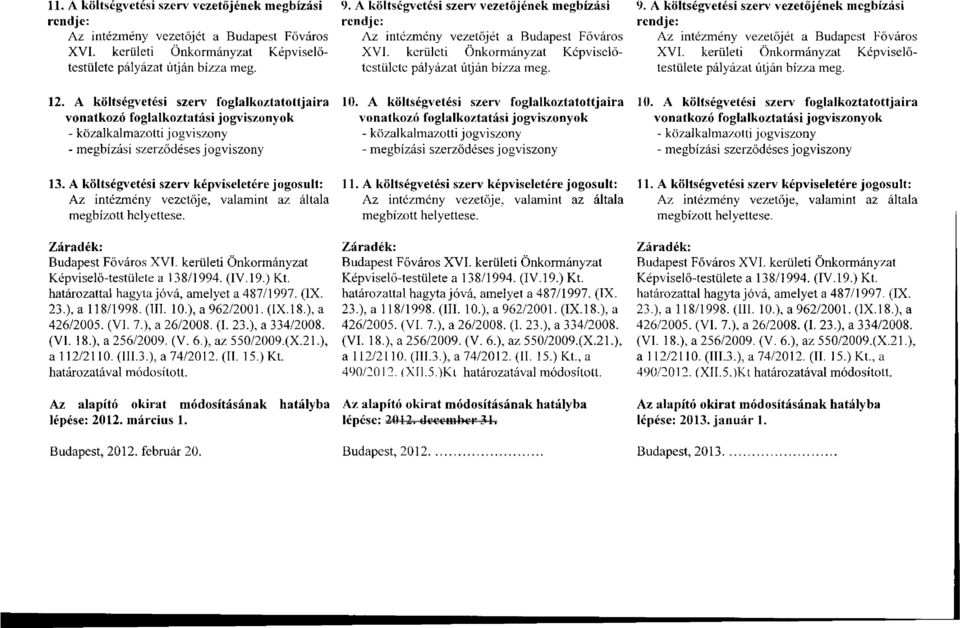 A költségvetési szerv vezetőjének megbízási rendje: Az intézmény vezetőjét a Budapest Főváros XVI. kerületi Önkormányzat Képviselőtestülete pályázat útján bízza meg. 12.