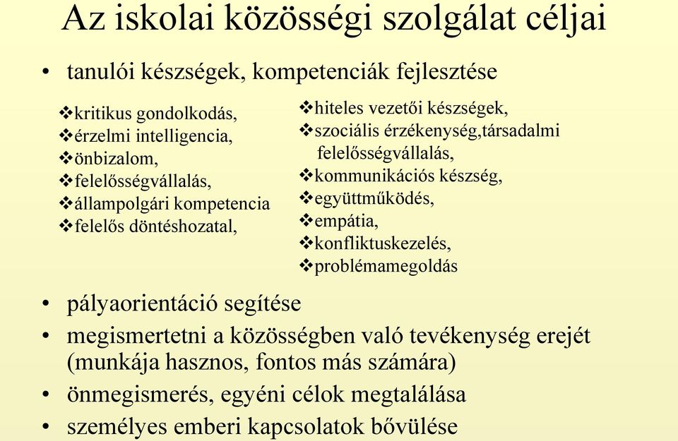 felelősségvállalás, kommunikációs készség, együttműködés, empátia, konfliktuskezelés, problémamegoldás pályaorientáció segítése