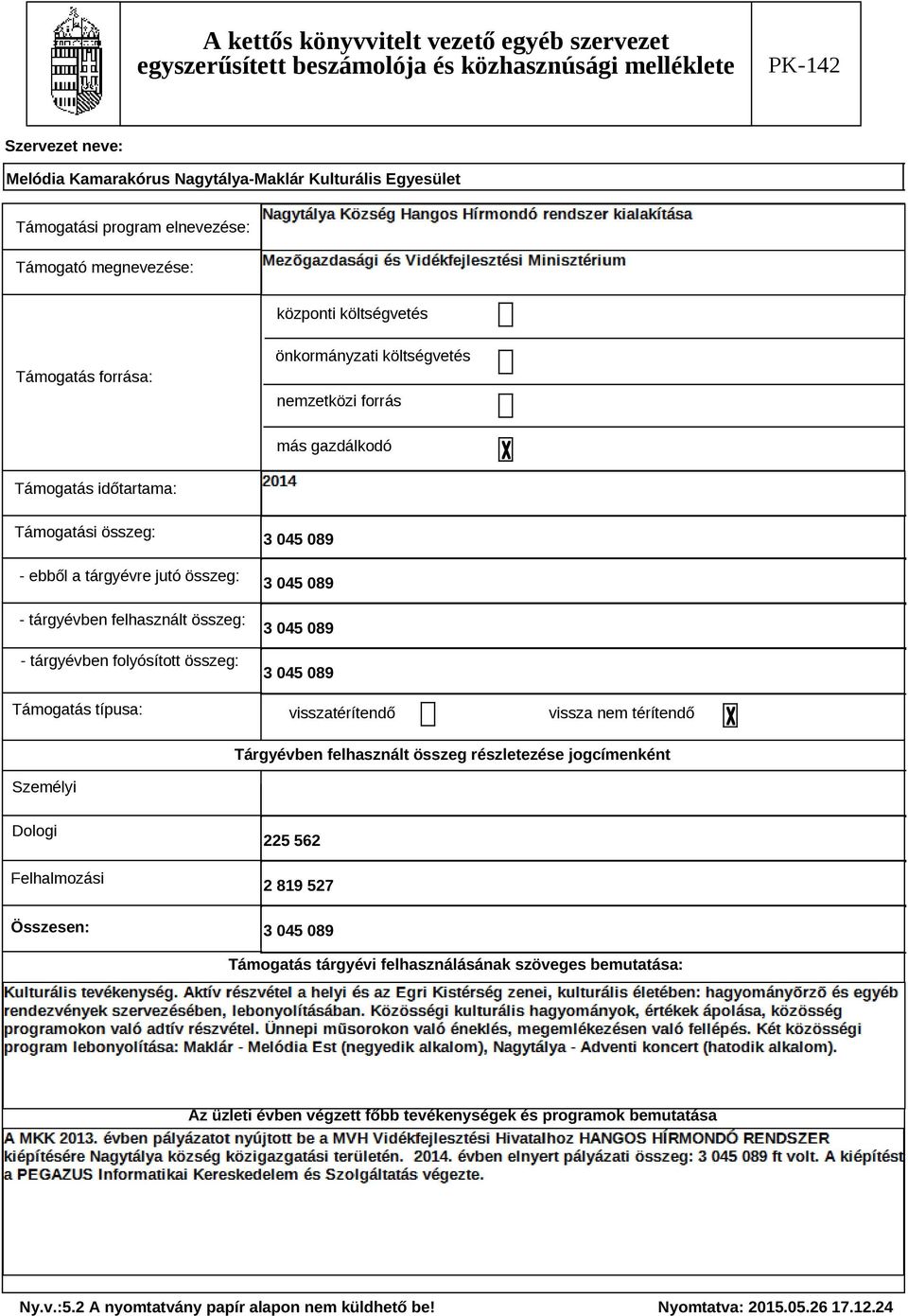 3 045 089 3 045 089 3 045 089 3 045 089 visszatérítendő vissza nem térítendő Tárgyévben felhasznált összeg részletezése jogcímenként Személyi Dologi