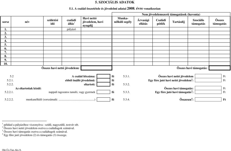 Szociális támogatás 1. pályázó 2. 3. 4. 5. 6. 7. 8. 9. 10. Összes havi nettó jövedelem: Összes havi támogatás: Összes támogatás 5.2 A család létszáma: fı 5.3.1. Összes havi nettó jövedelem Ft 5.2.1. ebbıl önálló jövedelmő: fı Egy fıre jutó havi nettó jövedelem 2 : Ft 5.