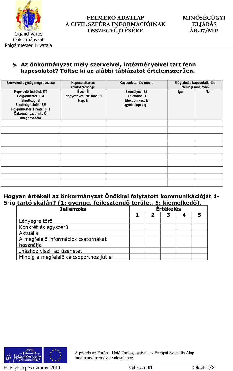 : ÖI (megnevezés) Kapcsolattartás rendszeressége Éves: É Negyedéves: NÉ Havi: H Nap: N Kapcsolattartás módja Személyes: SZ Telefonos: T Elektronikus: E egyéb, éspedig Elégedett a kapcsolattartás