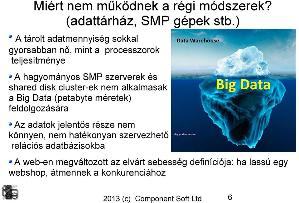 shared disk cluster-ek nem alkalmasak a Big Data (petabyte méretek) feldolgozására Az adatok jelentős része nem