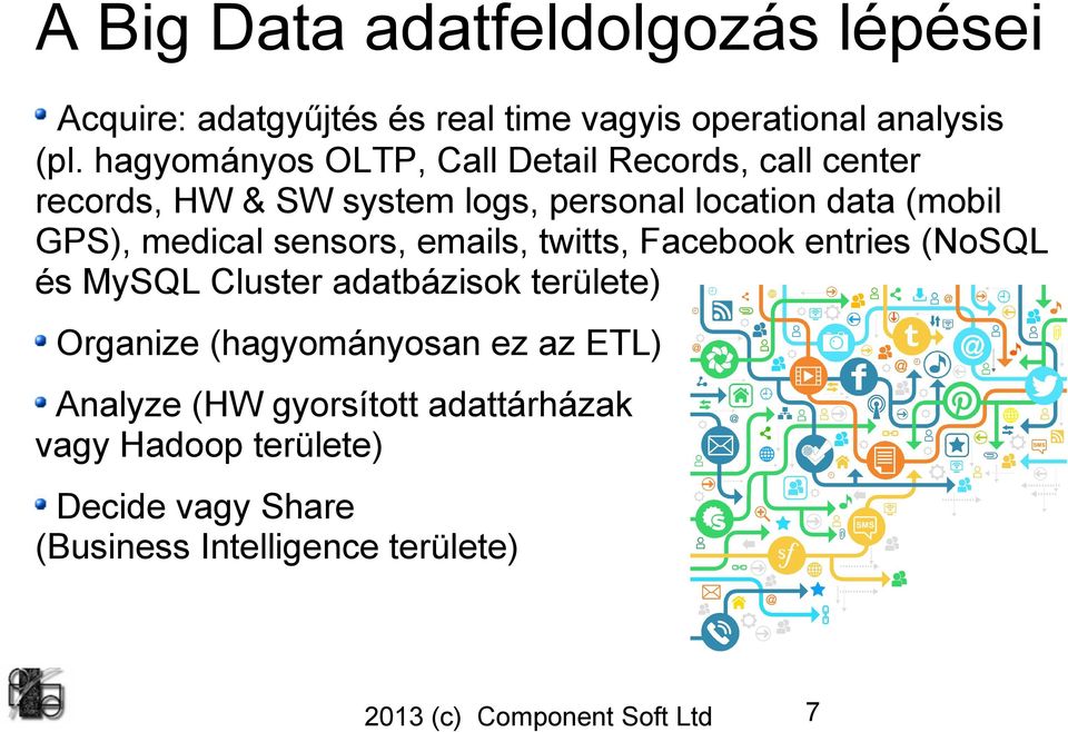 GPS), medical sensors, emails, twitts, Facebook entries (NoSQL és MySQL Cluster adatbázisok területe) Organize