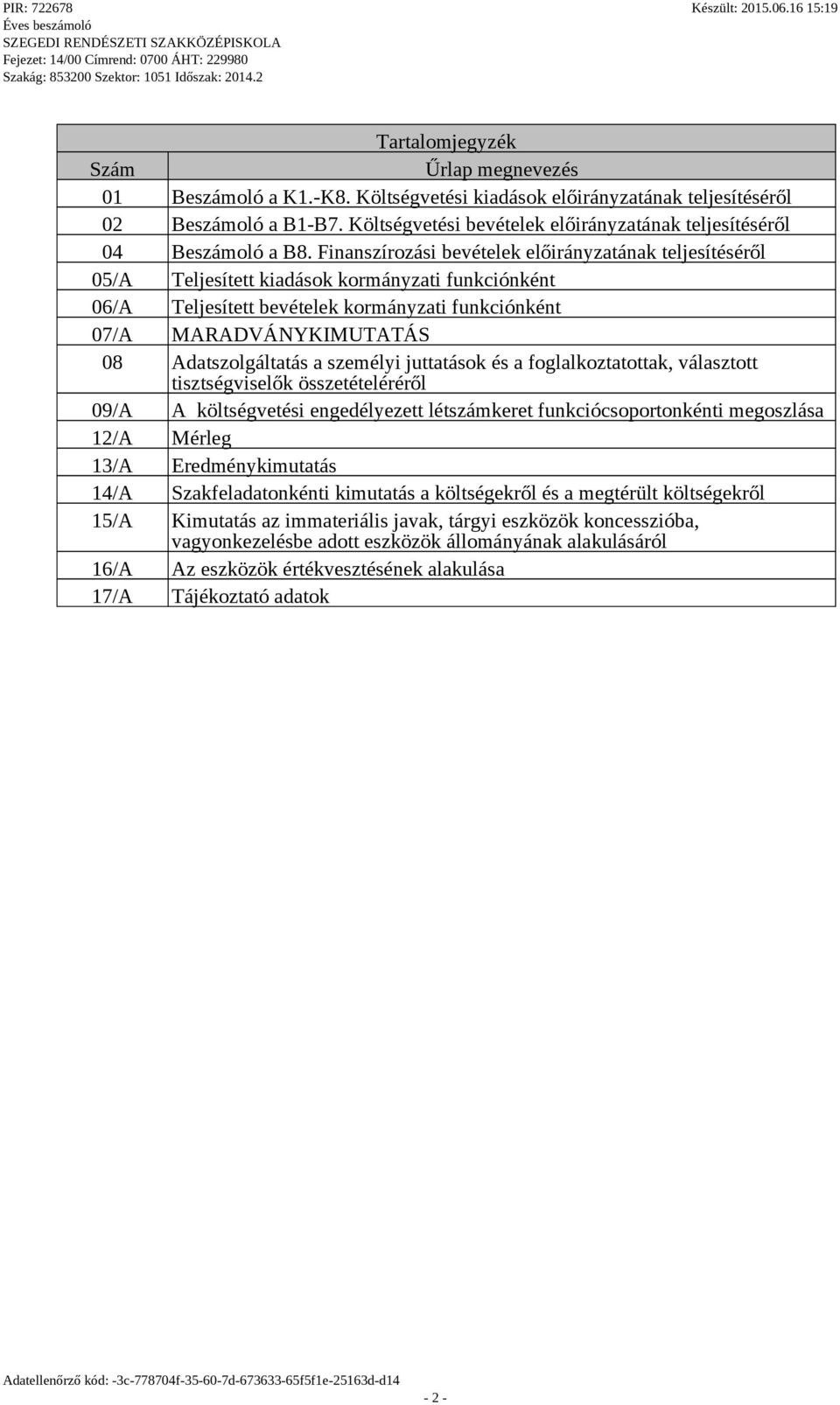 Finanszírozási bevételek előirányzatának teljesítéséről 05/A Teljesített kiadások kormányzati funkciónként 06/A Teljesített bevételek kormányzati funkciónként 07/A MARADVÁNYKIMUTATÁS 08