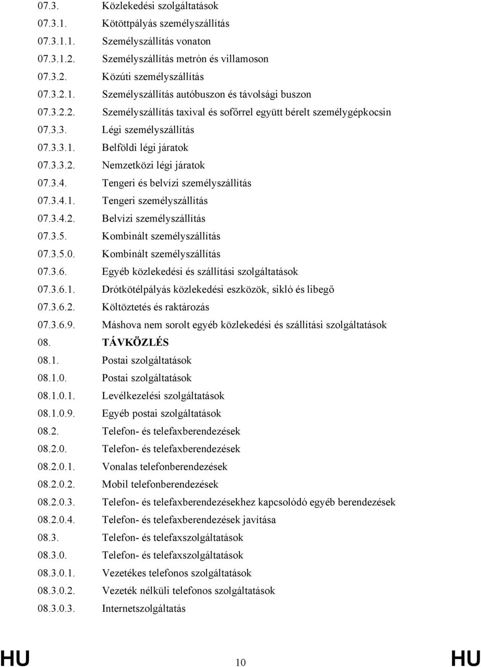 Tengeri és belvízi személyszállítás 07.3.4.1. Tengeri személyszállítás 07.3.4.2. Belvízi személyszállítás 07.3.5. Kombinált személyszállítás 07.3.5.0. Kombinált személyszállítás 07.3.6.