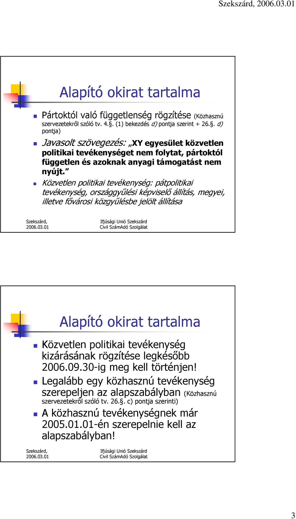 Közvetlen politikai tevékenység: pátpolitikai tevékenység, országgyőlési képviselı állítás, megyei, illetve fıvárosi közgyőlésbe jelölt állítása Alapító okirat tartalma Közvetlen politikai