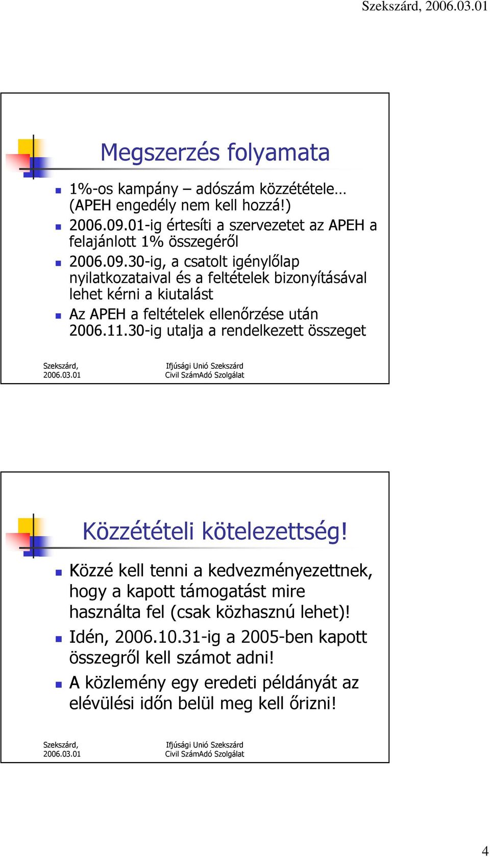 30-ig, a csatolt igénylılap nyilatkozataival és a feltételek bizonyításával lehet kérni a kiutalást Az APEH a feltételek ellenırzése után 2006.11.