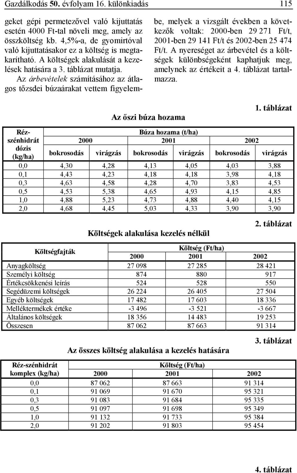 Az árbevételek számításához az átlagos tızsdei búzaárakat vettem figyelembe, melyek a vizsgált években a következık voltak: 2000-ben 29 271 Ft/t, 2001-ben 29 141 Ft/t és 2002-ben 25 474 Ft/t.