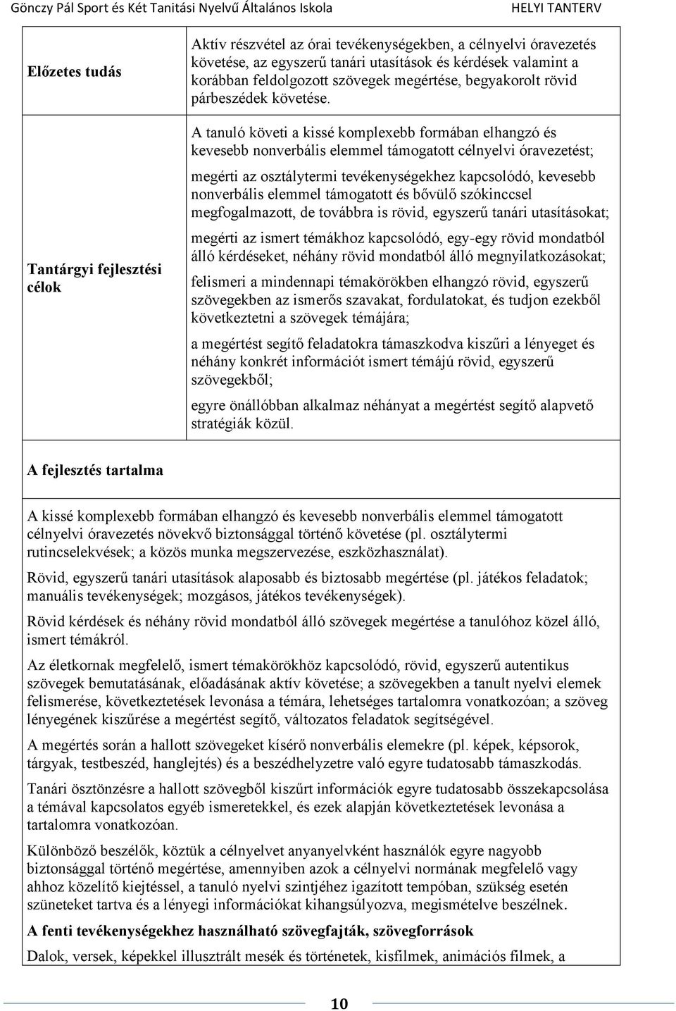 A tanuló követi a kissé komplexebb formában elhangzó és kevesebb nonverbális elemmel támogatott célnyelvi óravezetést; megérti az osztálytermi tevékenységekhez kapcsolódó, kevesebb nonverbális