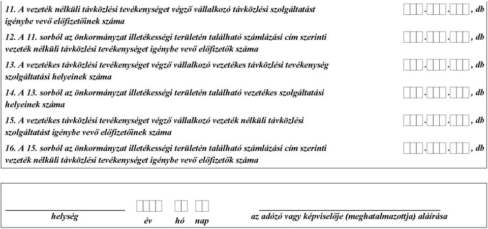 A vezetékes távközlési tevékenységet végző vállalkozó vezetékes távközlési tevékenység szolgáltatási helyeinek száma 14. A 13.