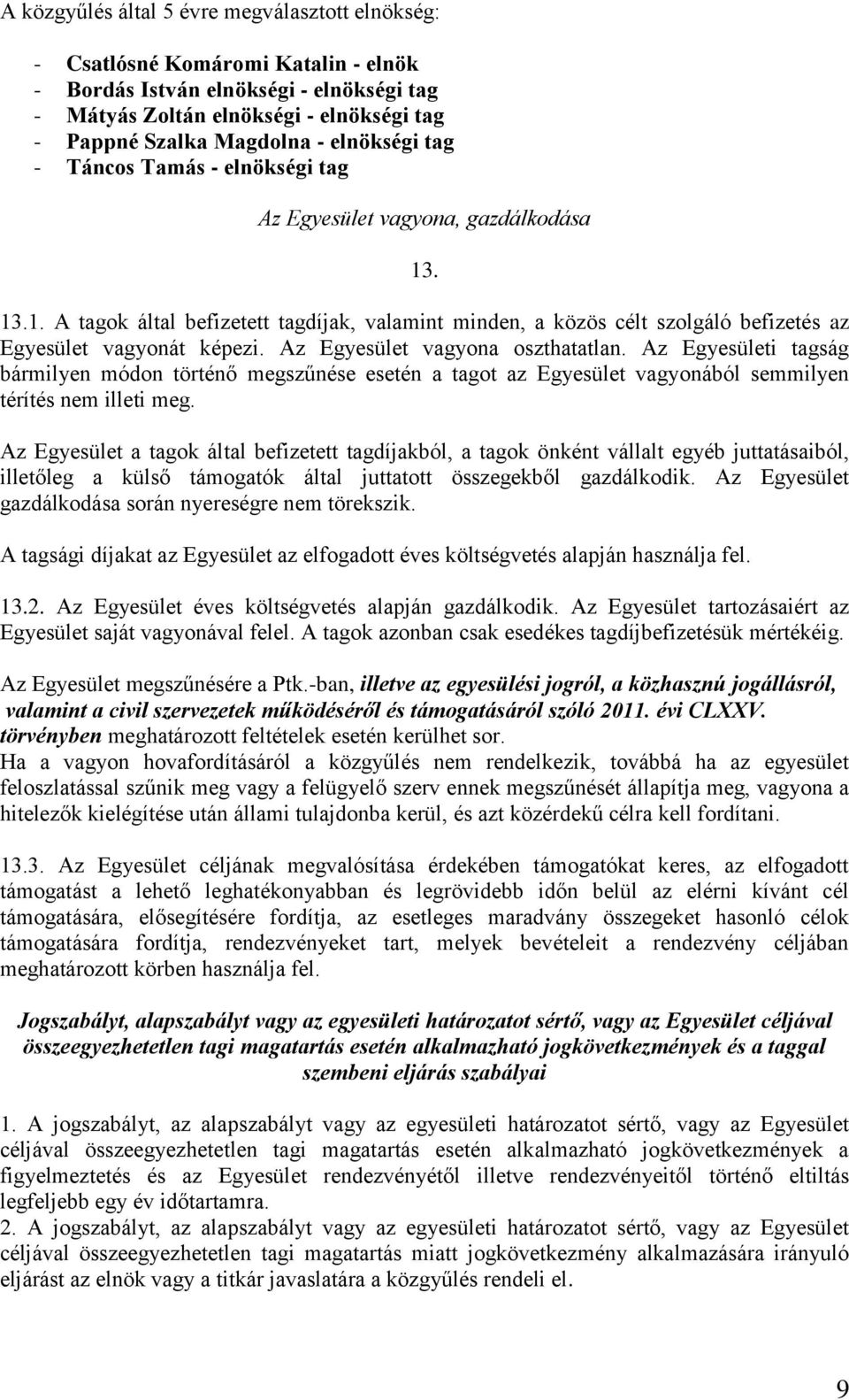 Az Egyesület vagyona oszthatatlan. Az Egyesületi tagság bármilyen módon történő megszűnése esetén a tagot az Egyesület vagyonából semmilyen térítés nem illeti meg.