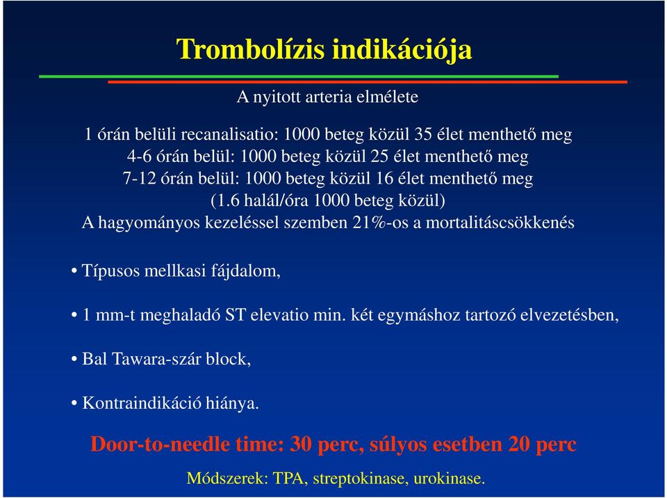 6 halál/óra 1000 beteg közül) A hagyományos kezeléssel szemben 21%-os a mortalitáscsökkenés Típusos mellkasi fájdalom, 1 mm-t meghaladó ST