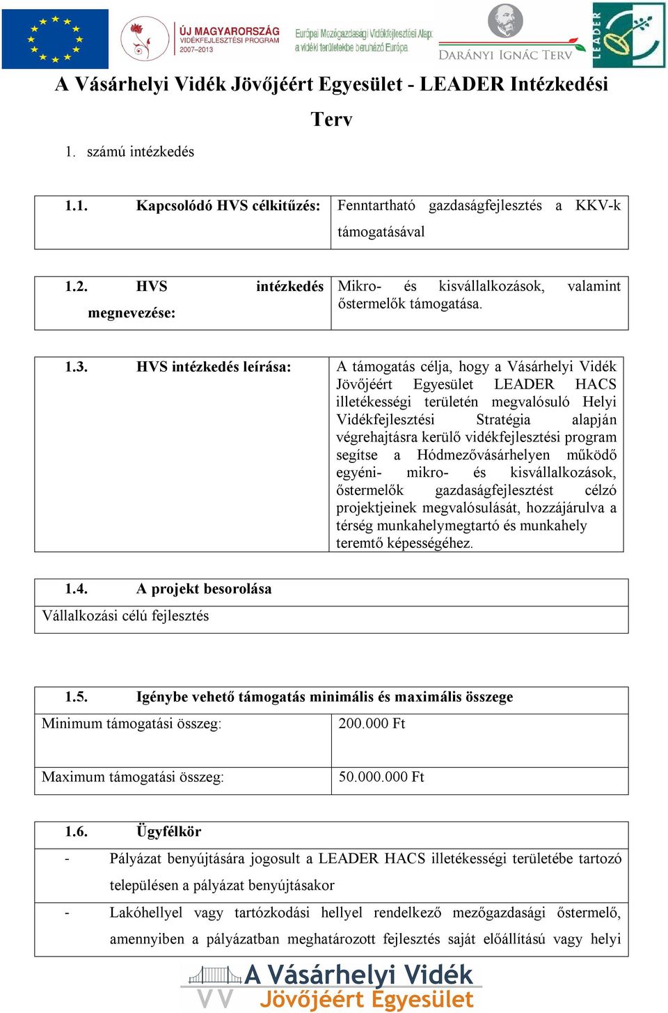 HVS intézkedés leírása: A támogatás célja, hogy a Vásárhelyi Vidék Jövőjéért Egyesület LEADER HACS illetékességi területén megvalósuló Helyi Vidékfejlesztési Stratégia alapján végrehajtásra kerülő