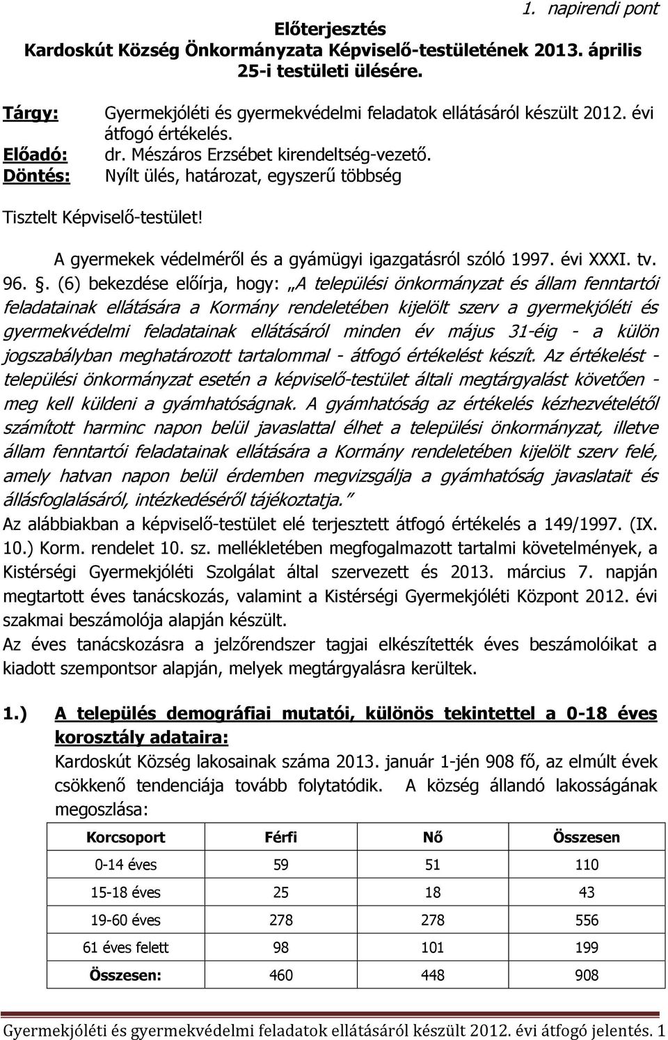 Nyílt ülés, határozat, egyszerű többség Tisztelt Képviselő-testület! A gyermekek védelméről és a gyámügyi igazgatásról szóló 1997. évi XXXI. tv. 96.