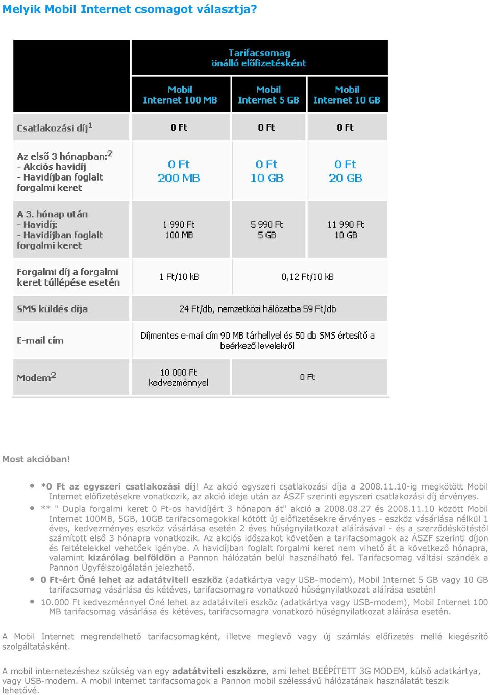 ** " Dupla forgalmi keret 0 Ft-os havidíjért 3 hónapon át" akció a 2008.08.27 és 2008.11.