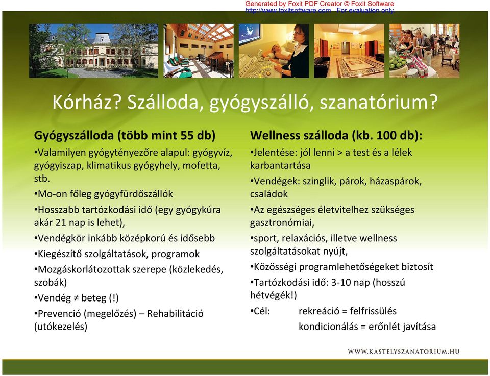 (közlekedés, szobák) Vendég beteg (!) Prevenció (megelőzés) Rehabilitáció (utókezelés) Wellness szálloda (kb.