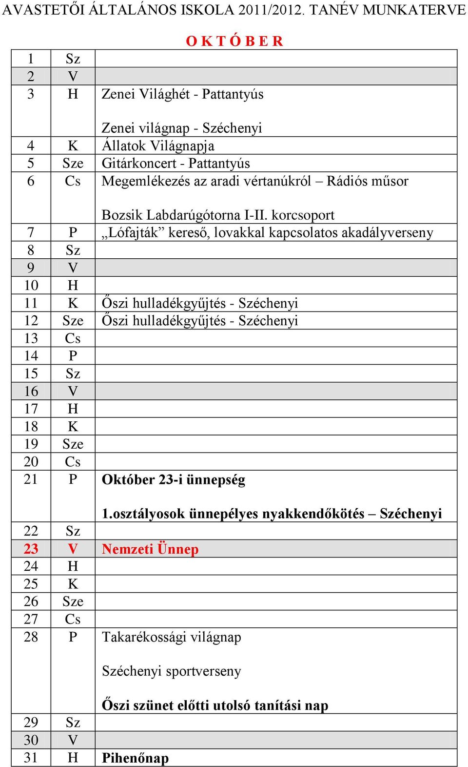 korcsoport 7 P Lófajták kereső, lovakkal kapcsolatos akadályverseny 8 Sz 9 V 10 H 11 K Őszi hulladékgyűjtés - Széchenyi 12 Sze Őszi hulladékgyűjtés - Széchenyi 13 Cs