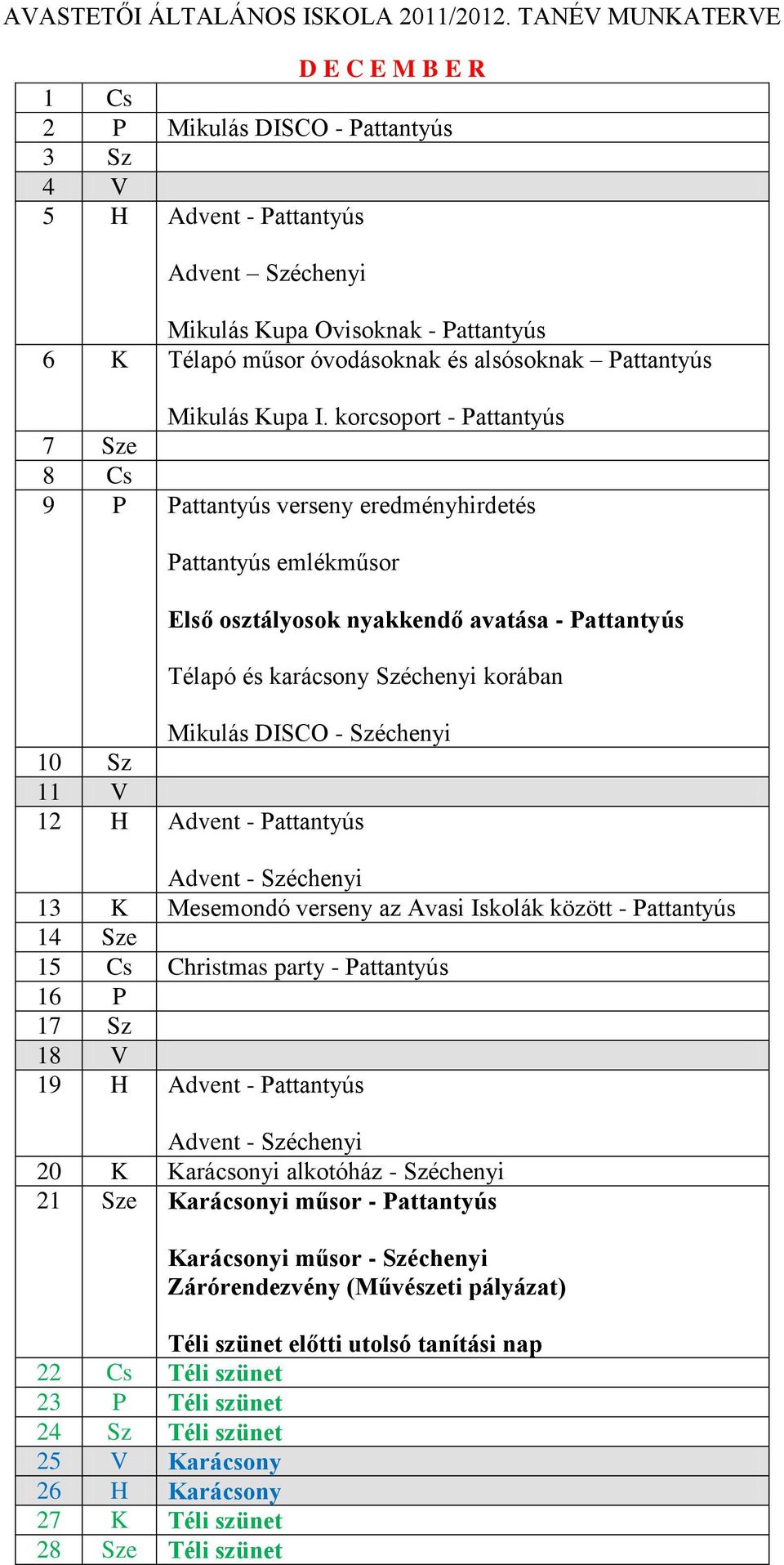 korcsoport - Pattantyús 7 Sze 8 Cs 9 P Pattantyús verseny eredményhirdetés Pattantyús emlékműsor Első osztályosok nyakkendő avatása - Pattantyús Télapó és karácsony Széchenyi korában Mikulás DISCO -