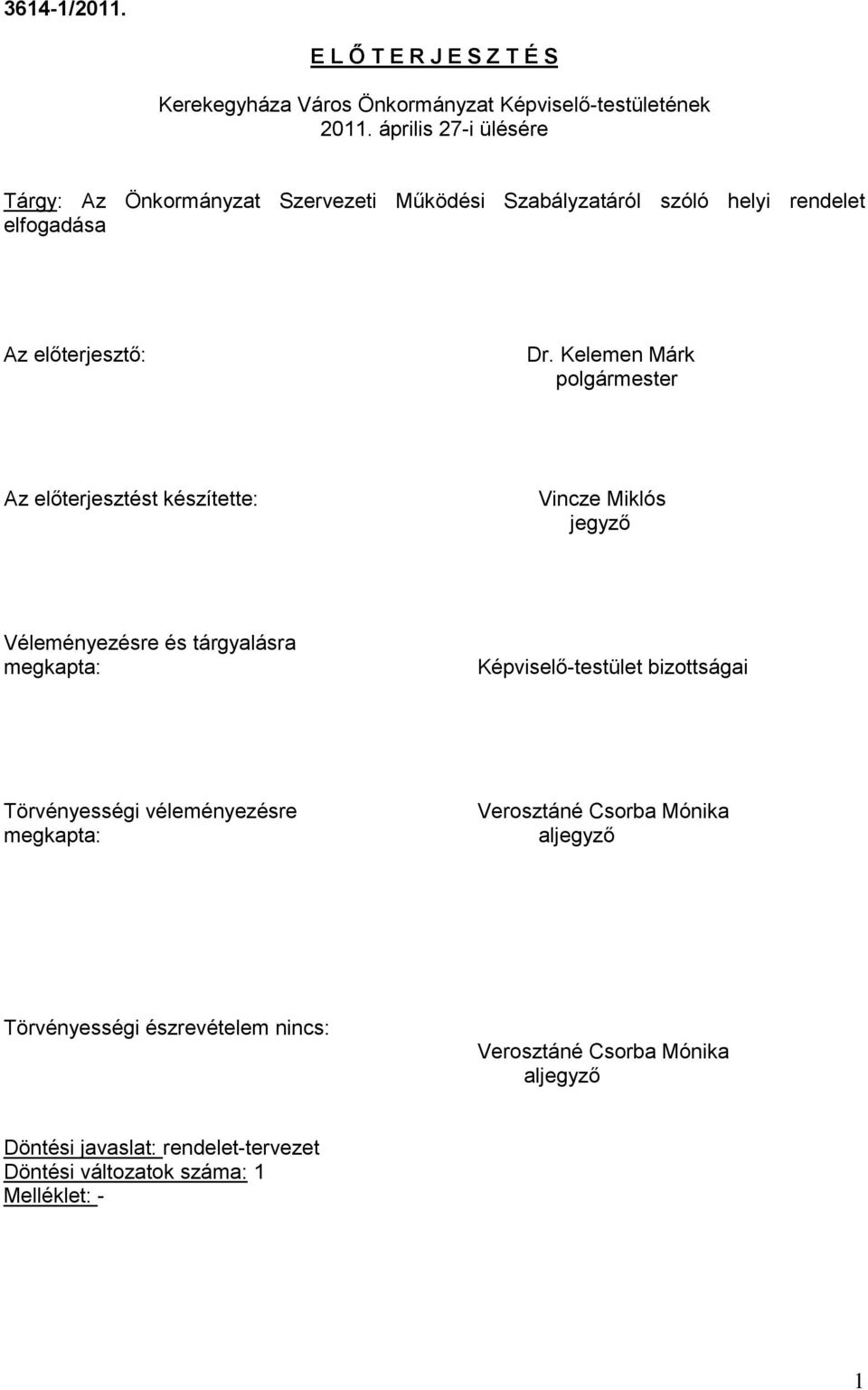 Kelemen Márk polgármester Az előterjesztést készítette: Vincze Miklós jegyző Véleményezésre és tárgyalásra megkapta: Képviselő-testület bizottságai