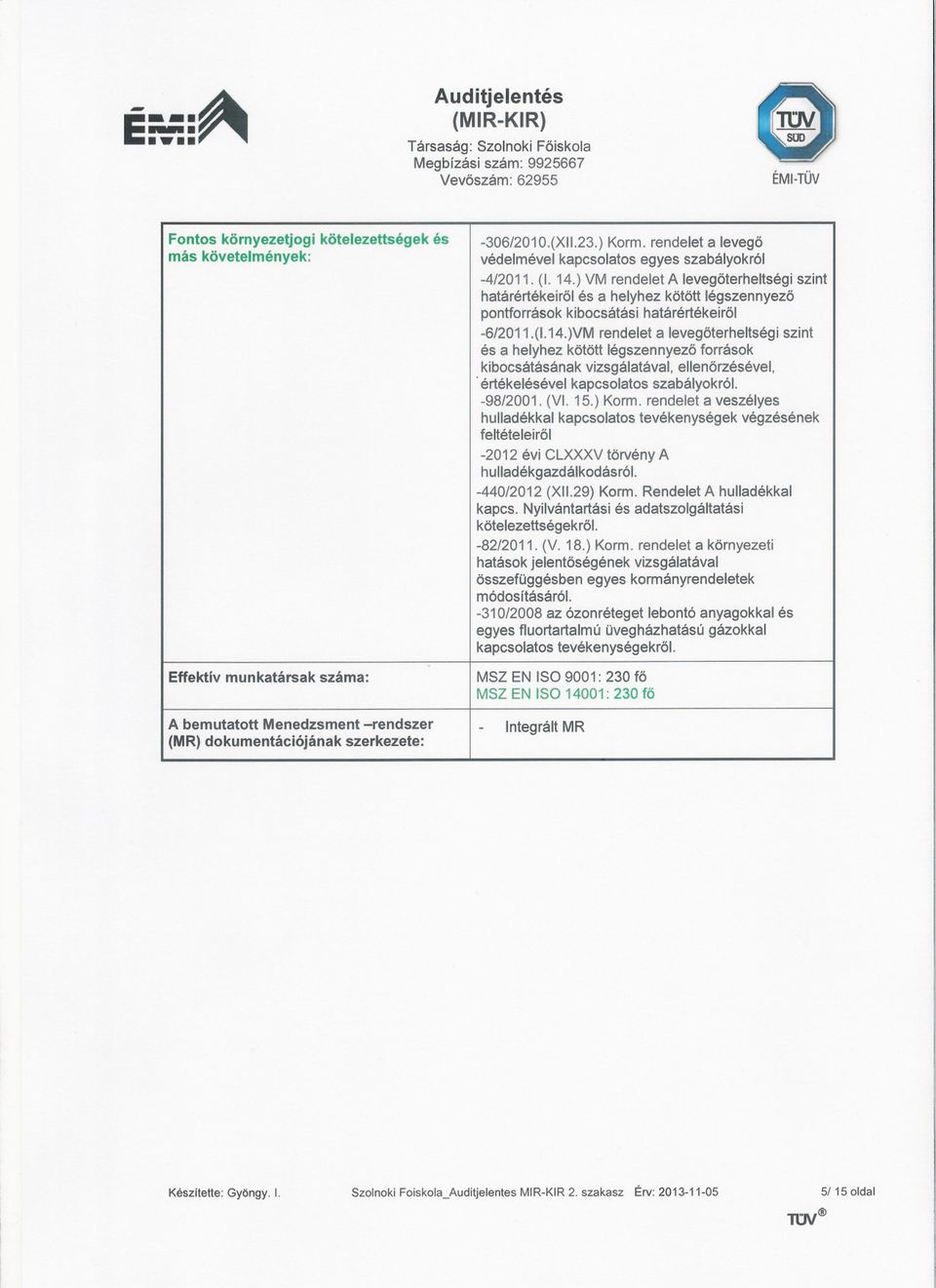 ) VM rendelet A levegoterheltségi szint határértékeirol és a helyhez kötött légszennyezö pontforrások kibocsátási határértékeirol -6/2011.(1.14.
