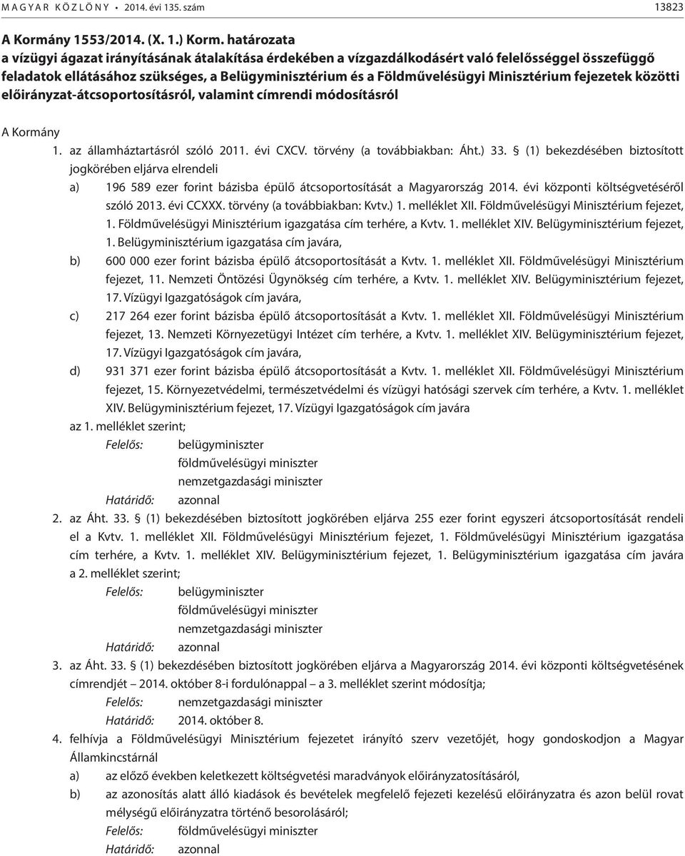 Minisztérium fejezetek közötti előirányzat-átcsoportosításról, valamint címrendi módosításról A Kormány 1. az államháztartásról szóló 2011. évi CXCV. törvény (a továbbiakban: Áht.) 33.