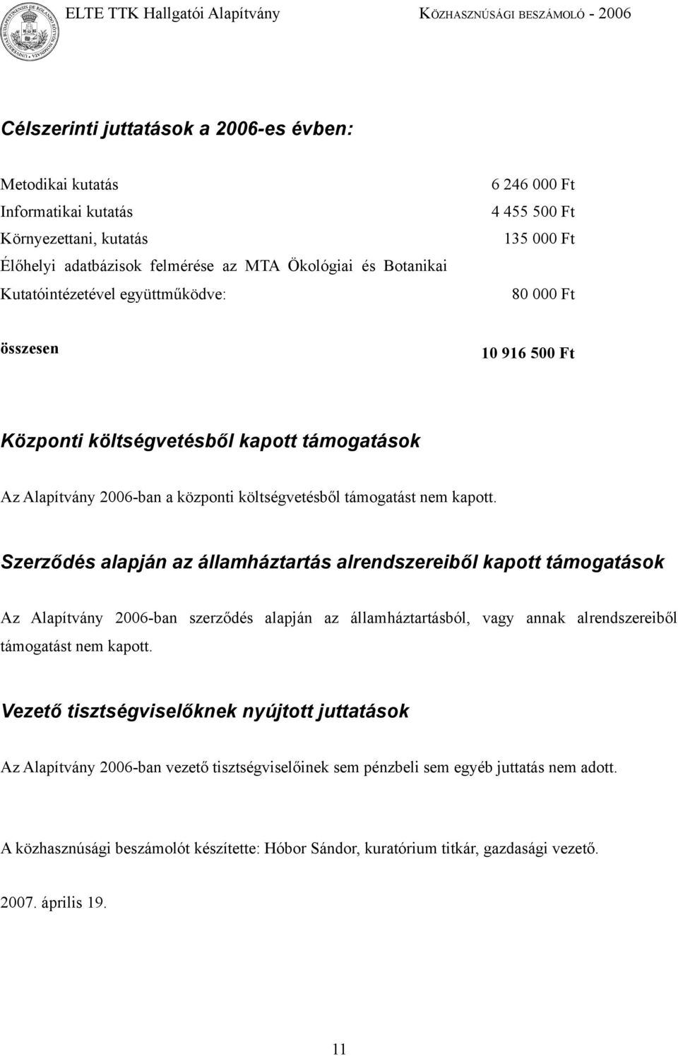 Szerződés alapján az államháztartás alrendszereiből kapott támogatások Az Alapítvány 2006-ban szerződés alapján az államháztartásból, vagy annak alrendszereiből támogatást nem kapott.