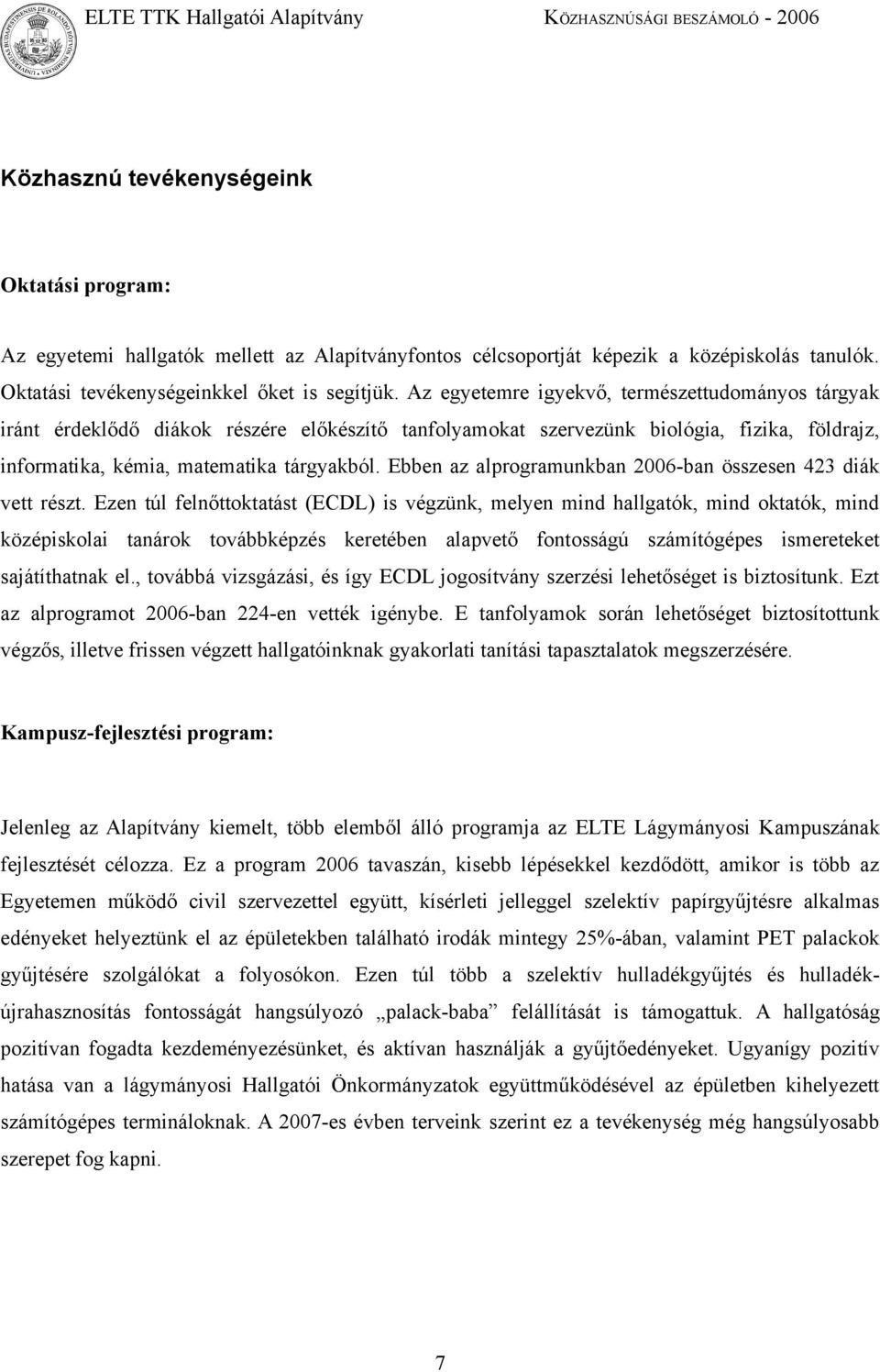 Ebben az alprogramunkban 2006-ban összesen 423 diák vett részt.