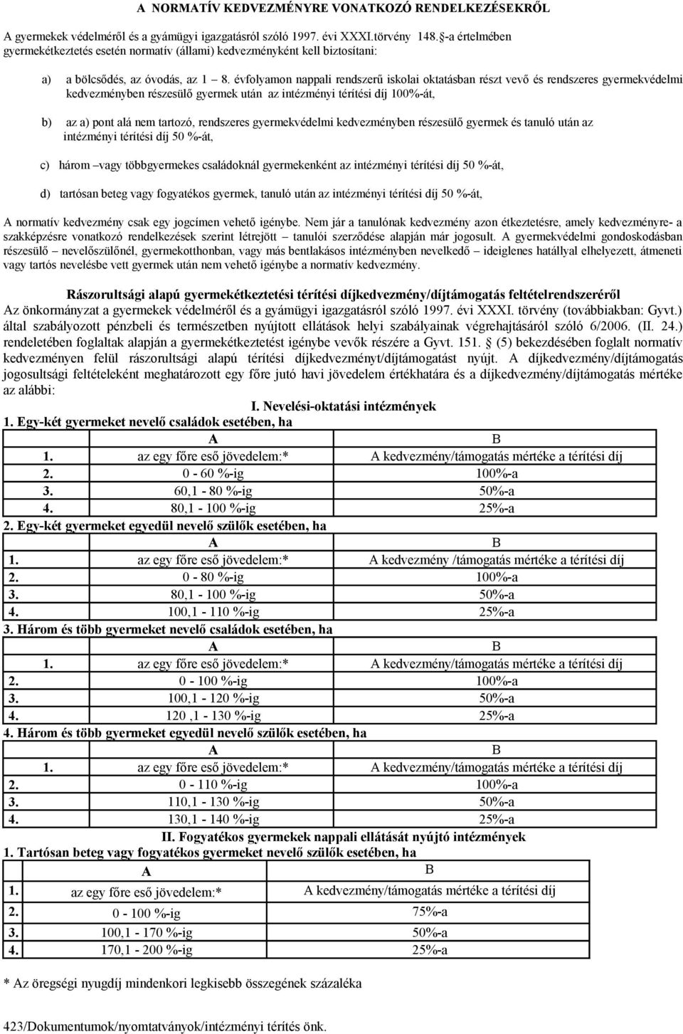 évfolyamon nappali rendszerű iskolai oktatásban részt vevő és rendszeres gyermekvédelmi kedvezményben részesülő gyermek után az intézményi térítési díj 100%-át, b) az a) pont alá nem tartozó,