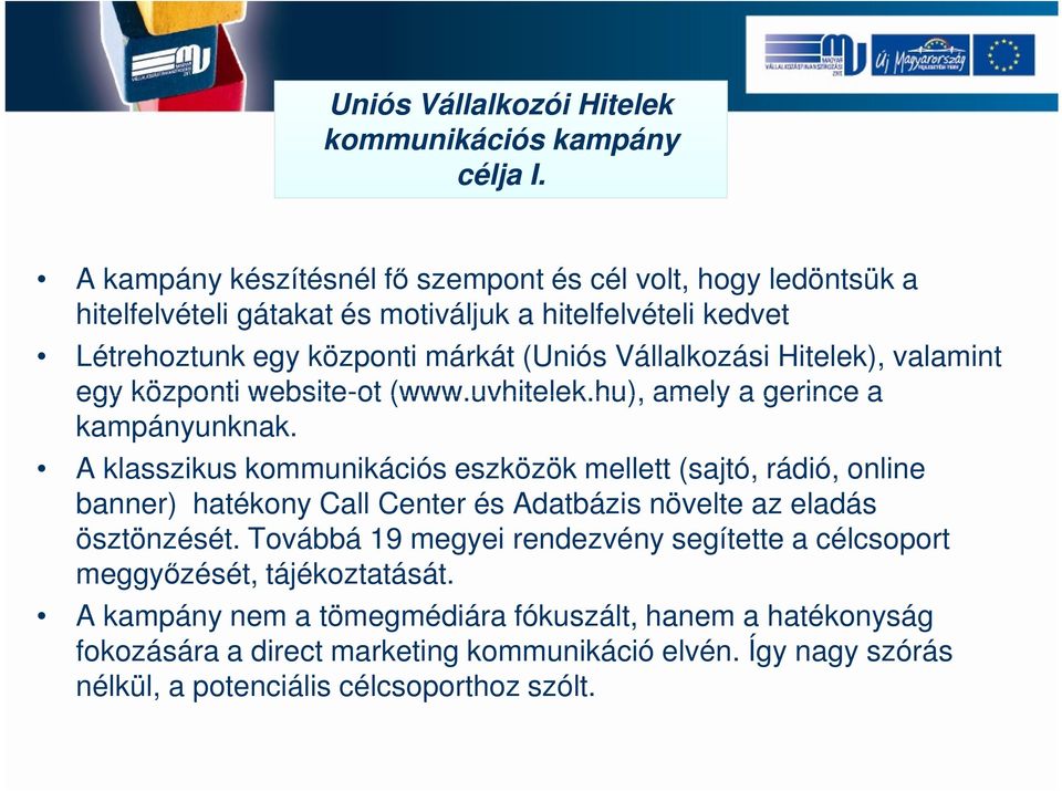 Hitelek), valamint egy központi website-ot (www.uvhitelek.hu), amely a gerince a kampányunknak.