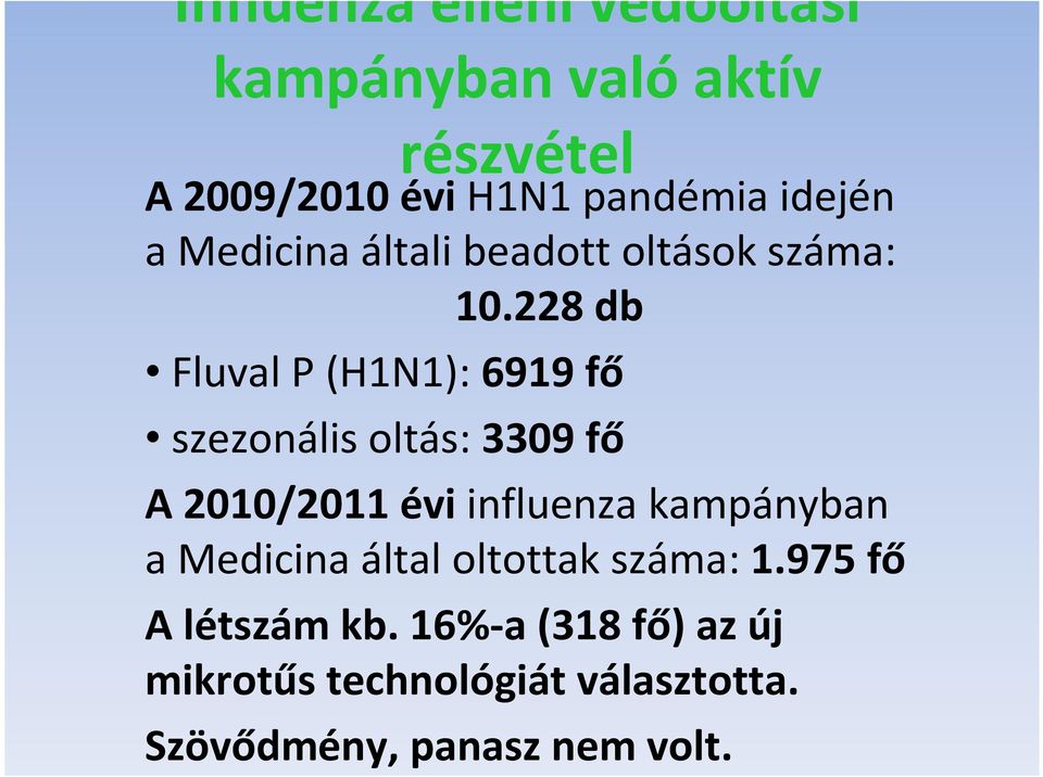 228 db FluvalP (H1N1): 6919 fő szezonális oltás: 3309 fő A 2010/2011 évi influenza kampányban