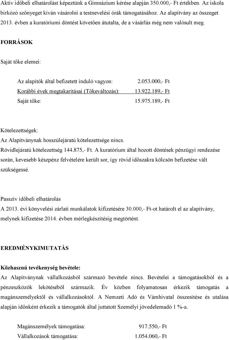 FORRÁSOK Saját tőke elemei: Az alapítók által befizetett induló vagyon: Korábbi évek megtakarításai (Tőkeváltozás): Saját tőke: 2.053.000,- Ft 13.922.189,- Ft 15.975.