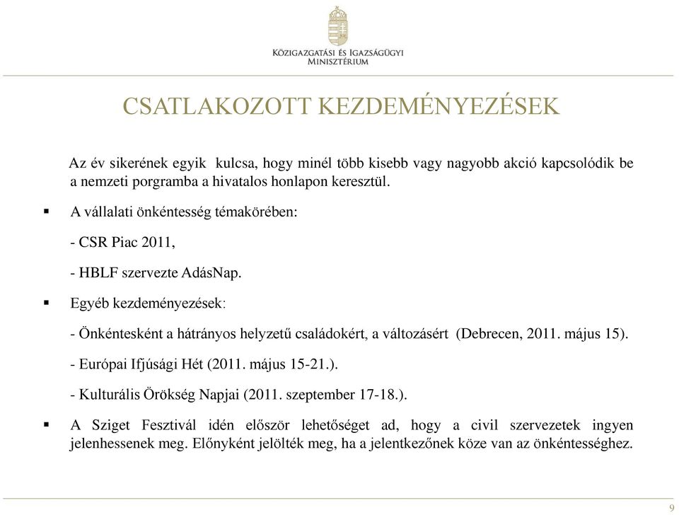 Egyéb kezdeményezések: - Önkéntesként a hátrányos helyzetű családokért, a változásért (Debrecen, 2011. május 15). - Európai Ifjúsági Hét (2011. május 15-21.). - Kulturális Örökség Napjai (2011.