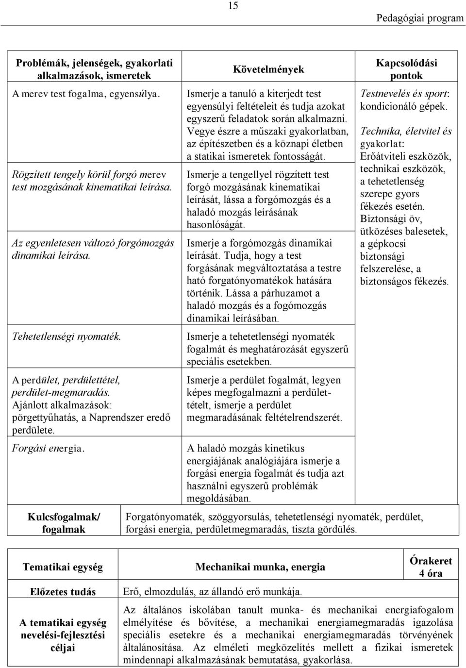Forgási energia. Ismerje a tanuló a kiterjedt test egyensúlyi feltételeit és tudja azokat egyszerű feladatok során alkalmazni.