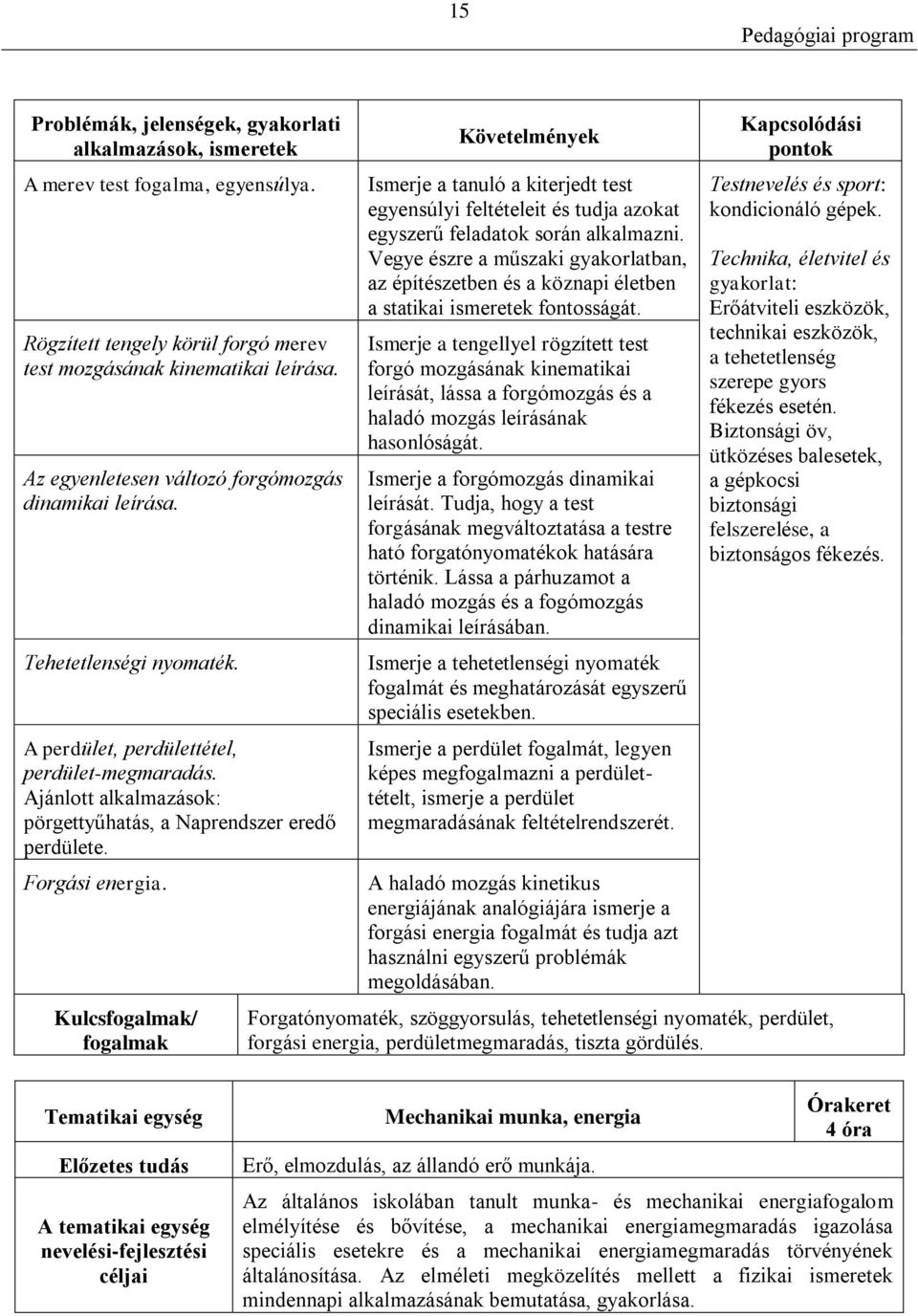 Forgási energia. Ismerje a tanuló a kiterjedt test egyensúlyi feltételeit és tudja azokat egyszerű feladatok során alkalmazni.