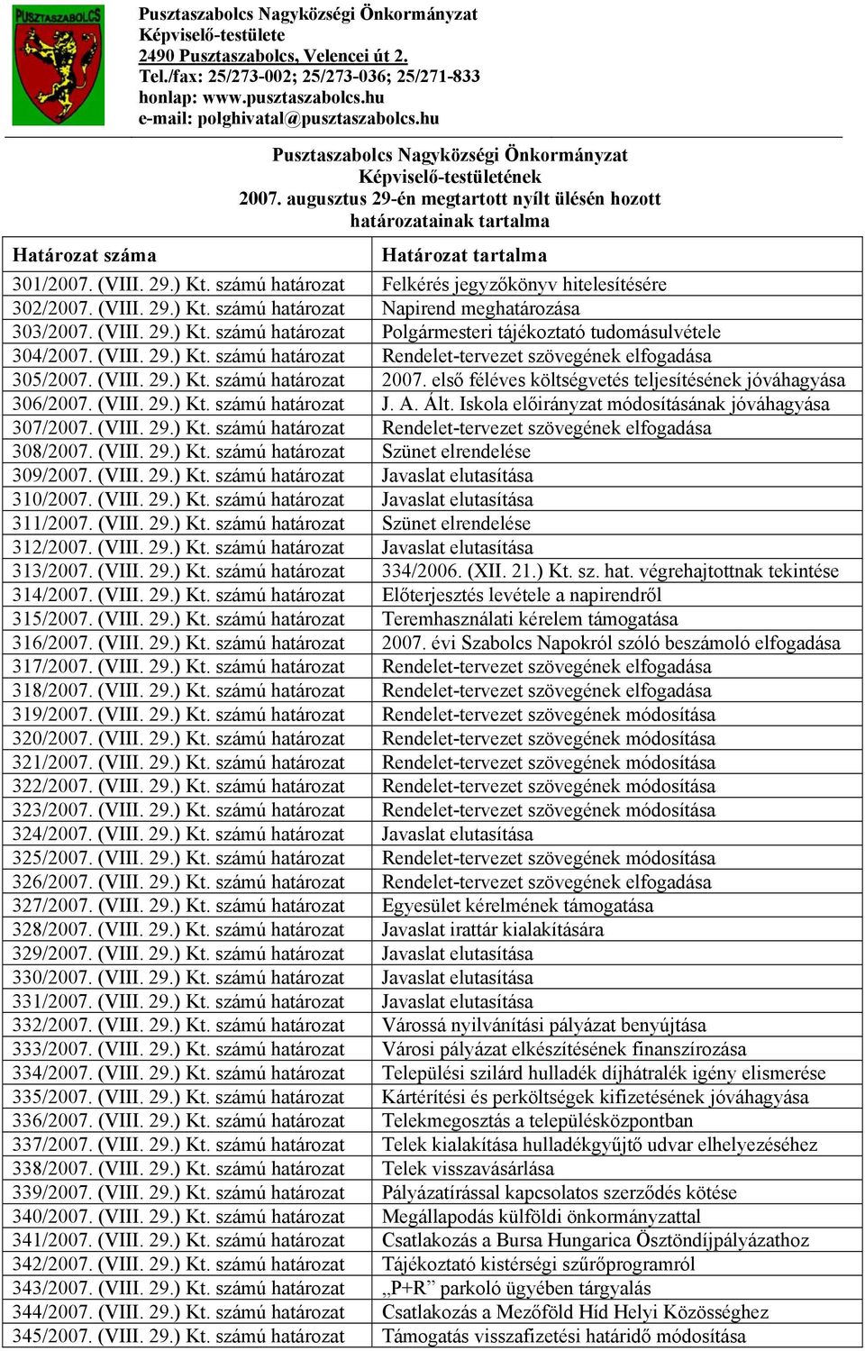 augusztus 29-én megtartott nyílt ülésén hozott határozatainak tartalma Határozat tartalma 301/2007. (VIII. 29.) Kt. számú határozat Felkérés jegyzőkönyv hitelesítésére 302/2007. (VIII. 29.) Kt. számú határozat Napirend meghatározása 303/2007.