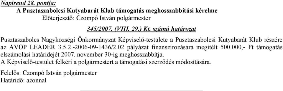 az AVOP LEADER 3.5.2.-2006-09-1436/2.02 pályázat finanszírozására megítélt 500.