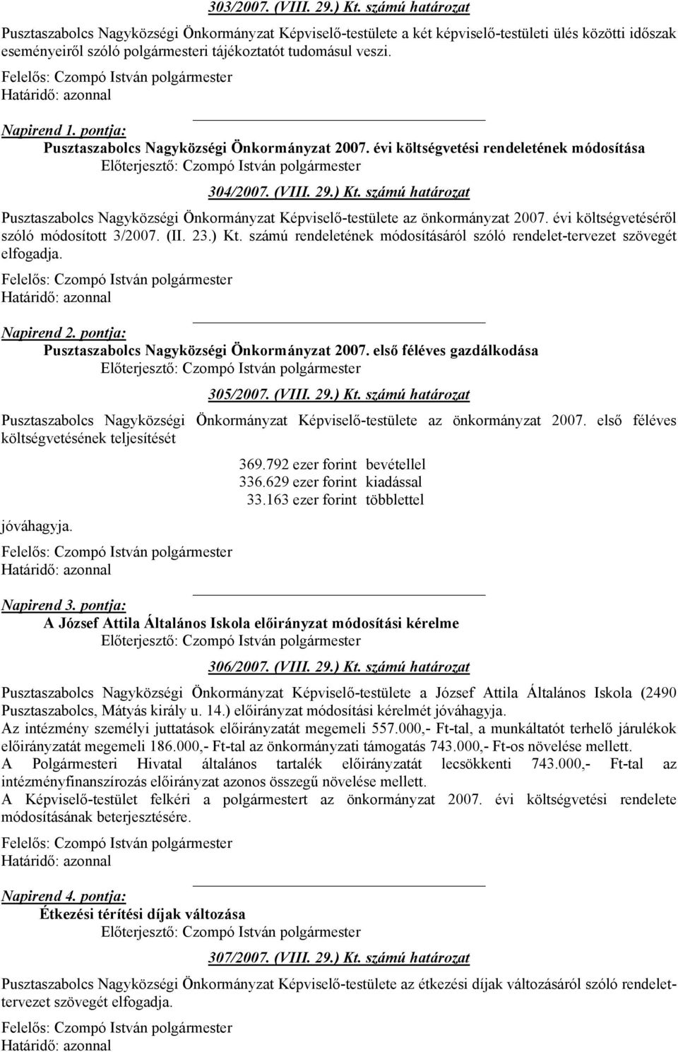 pontja: Pusztaszabolcs Nagyközségi Önkormányzat 2007. évi költségvetési rendeletének módosítása 304/2007. (VIII. 29.) Kt.