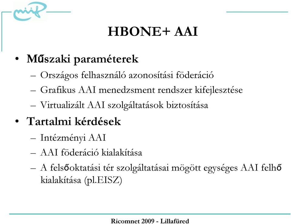 szolgáltatások biztosítása Tartalmi kérdések Intézményi AAI AAI föderáció