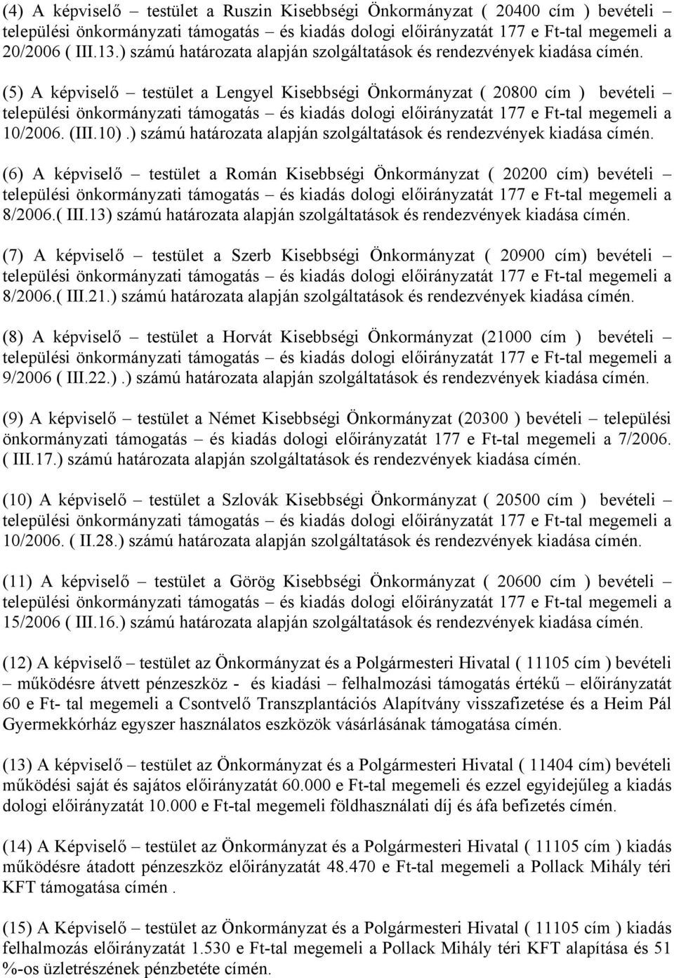 (6) A képviselő testület a Román Kisebbségi Önkormányzat ( 20200 cím) bevételi 8/2006.( III.13) számú határozata alapján szolgáltatások és rendezvények kiadása címén.