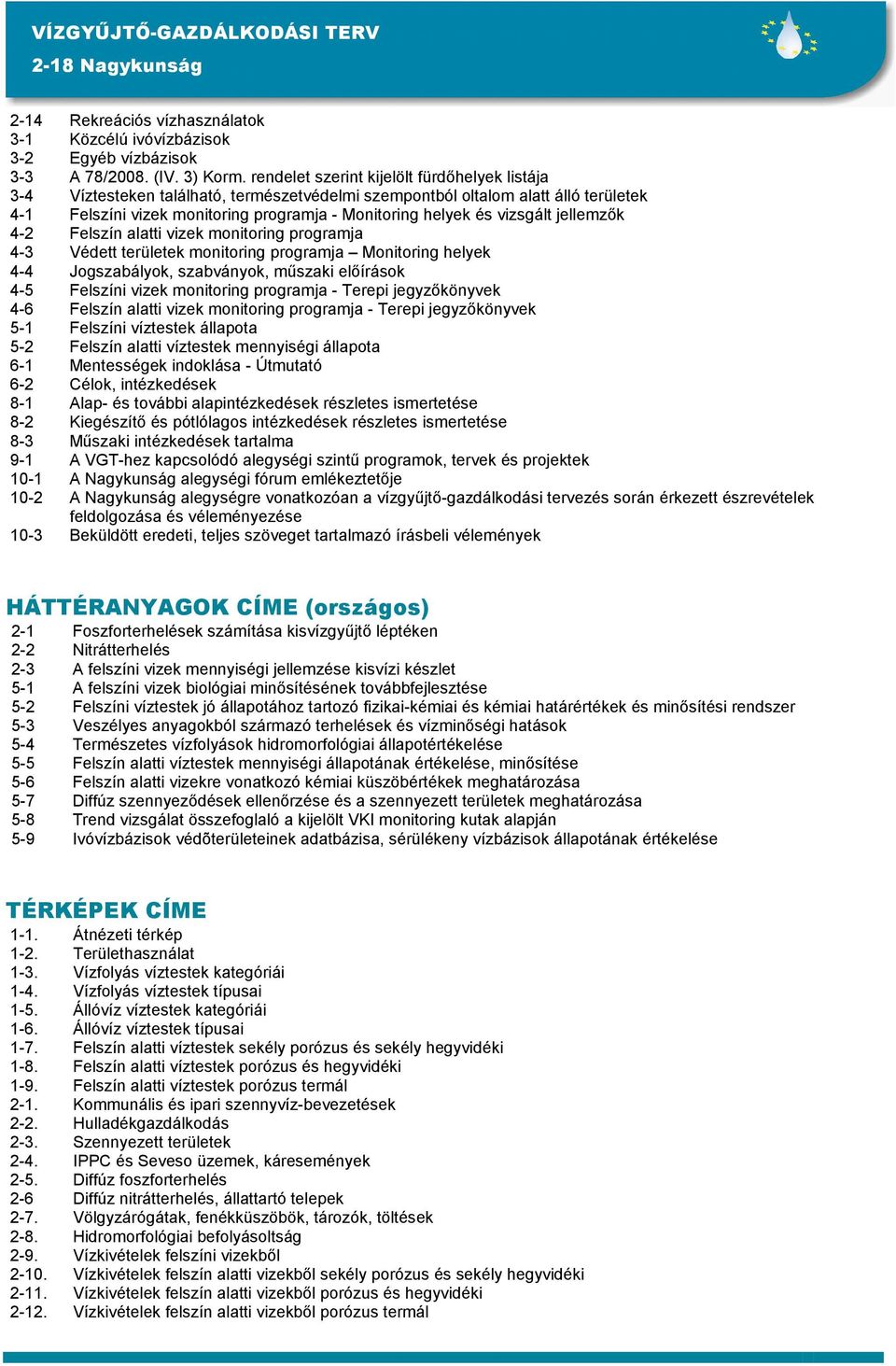 vizsgált jellemzık 4-2 Felszín alatti vizek monitoring programja 4-3 Védett területek monitoring programja Monitoring helyek 4-4 Jogszabályok, szabványok, mőszaki elıírások 4-5 Felszíni vizek