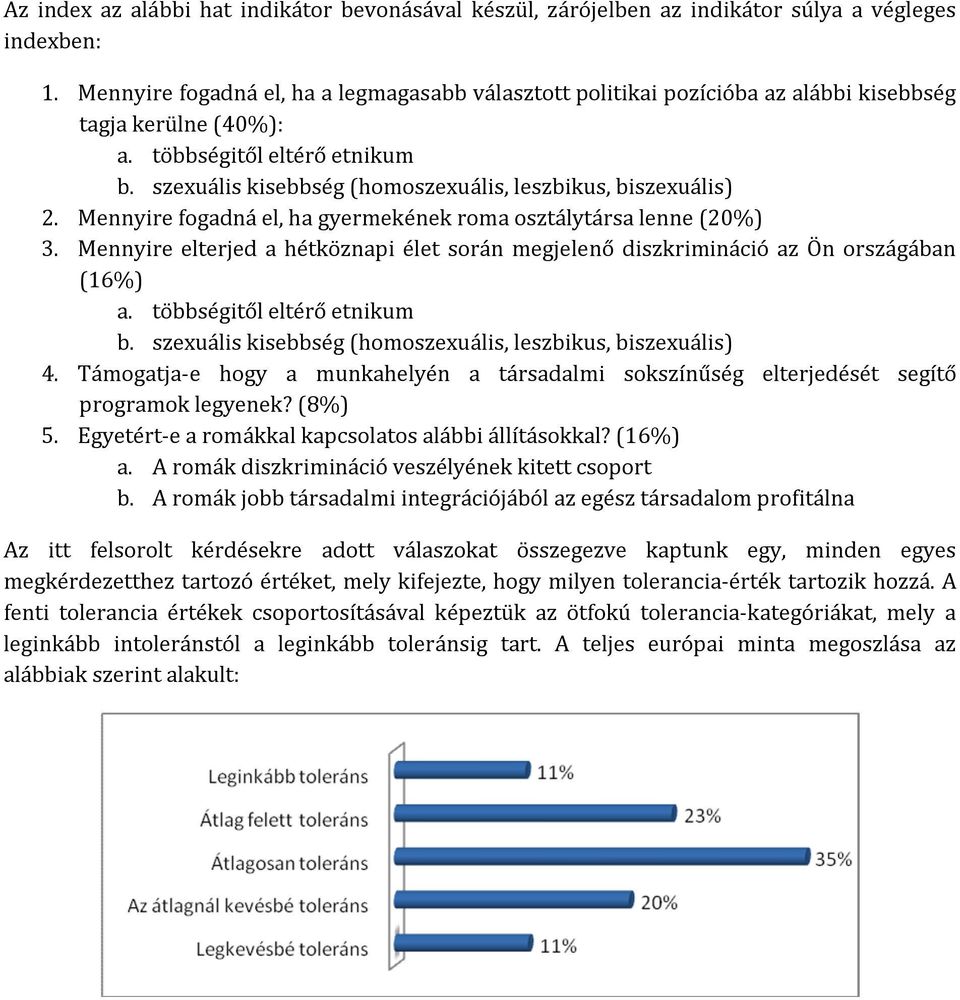 szexuális kisebbség (homoszexuális, leszbikus, biszexuális) 2. Mennyire fogadná el, ha gyermekének roma osztálytársa lenne (20%) 3.